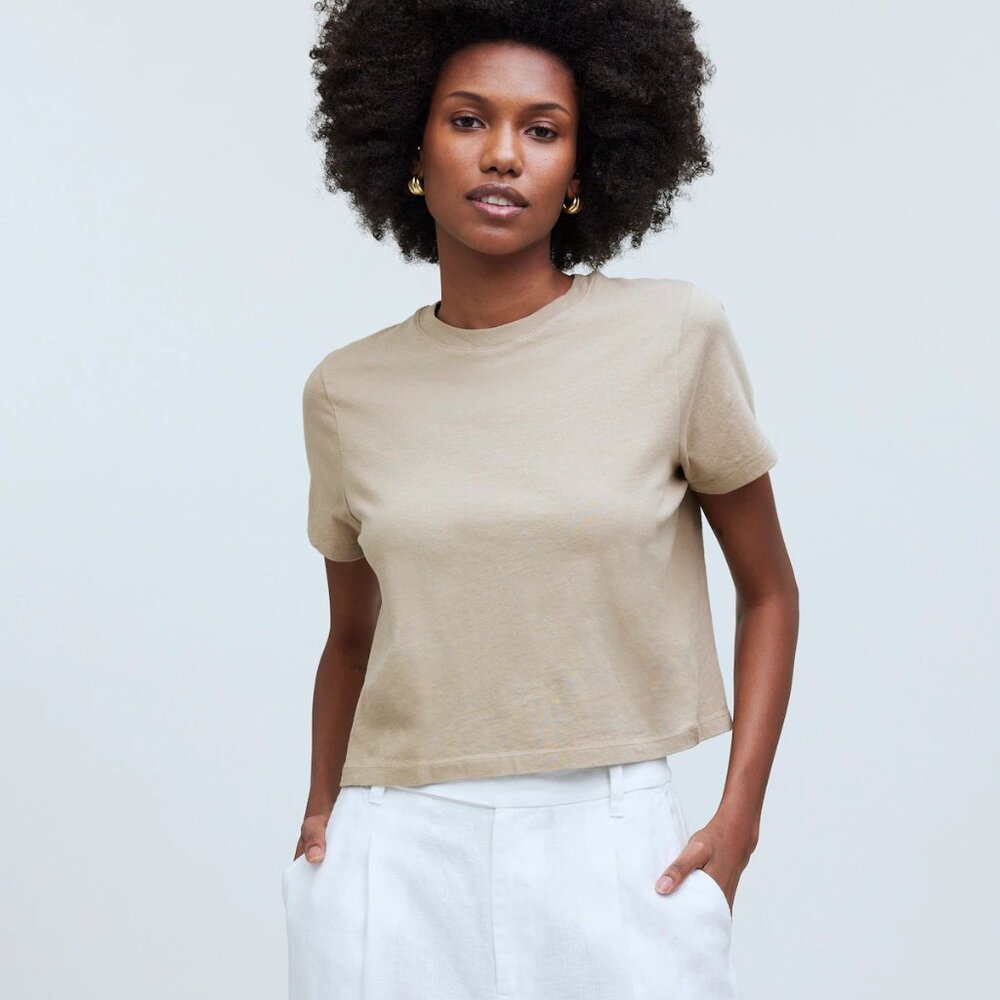 [NWT] Madewell Cropped Cotton Tee in Light Khaki